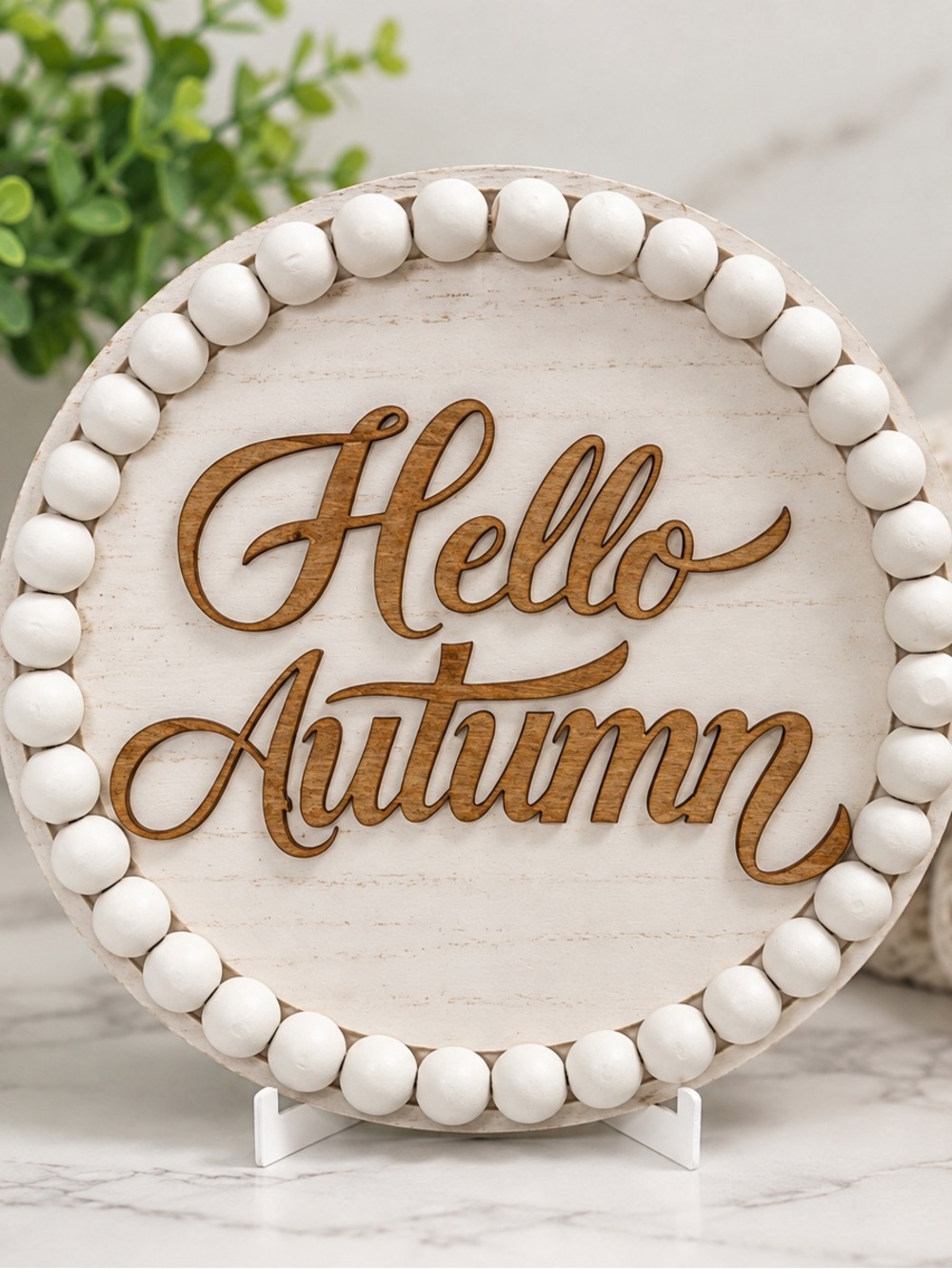Hello Autumn Round Bead Wall Sign - White and Natural Wood with easel
